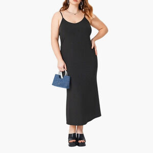 Cider Women's Large Solid Black Slim Fit Mid Rise V-Neck Cami Maxi Dress
